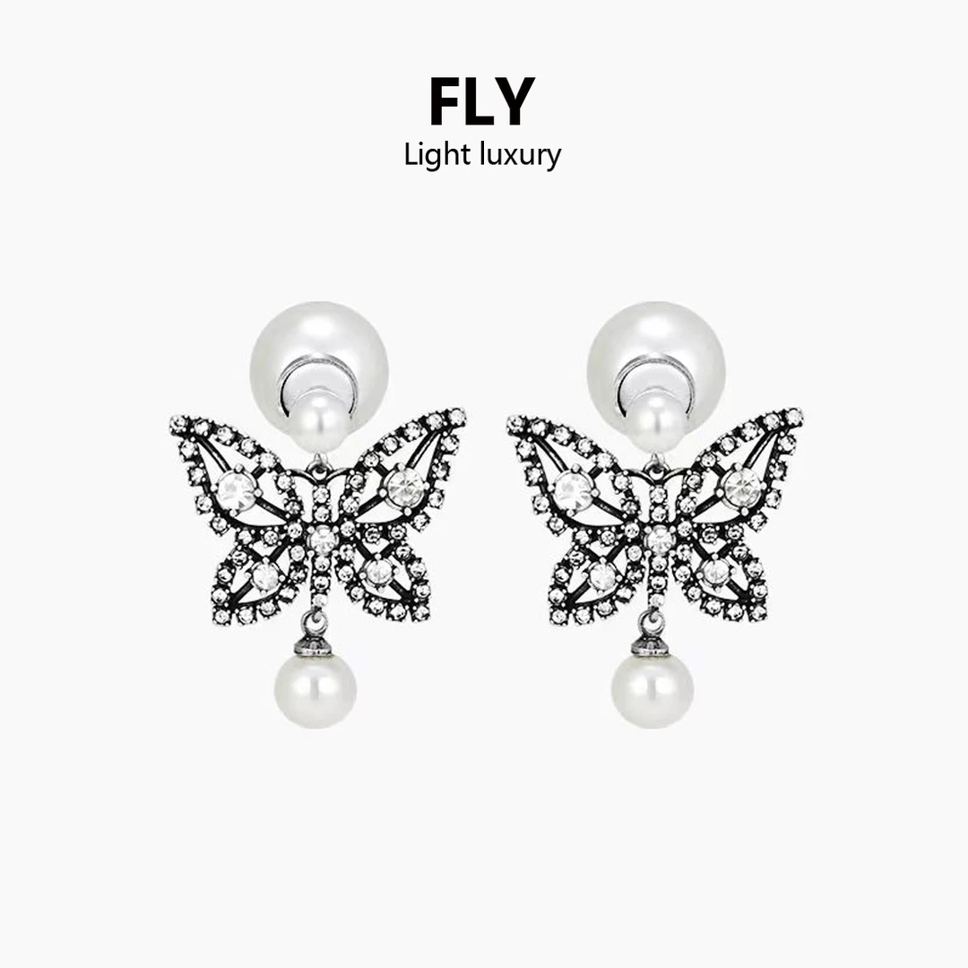 铜合金合成锆石耳饰 黑蝴蝶大小珠珠气质优雅显脸瘦甜美耳环-9140