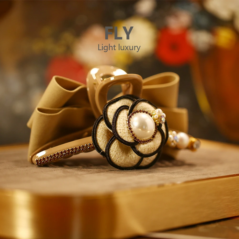 高定版小香学院风AB版不对称卡其蝴蝶结大号发夹精致抓夹-9768