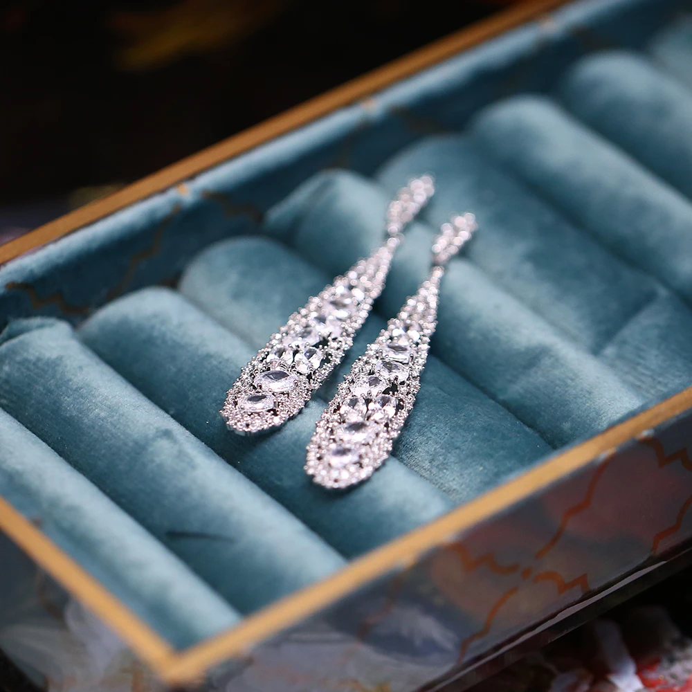 铜合金合成锆石耳饰 超闪个性时尚满镶夸张气质长款 耳环-8156