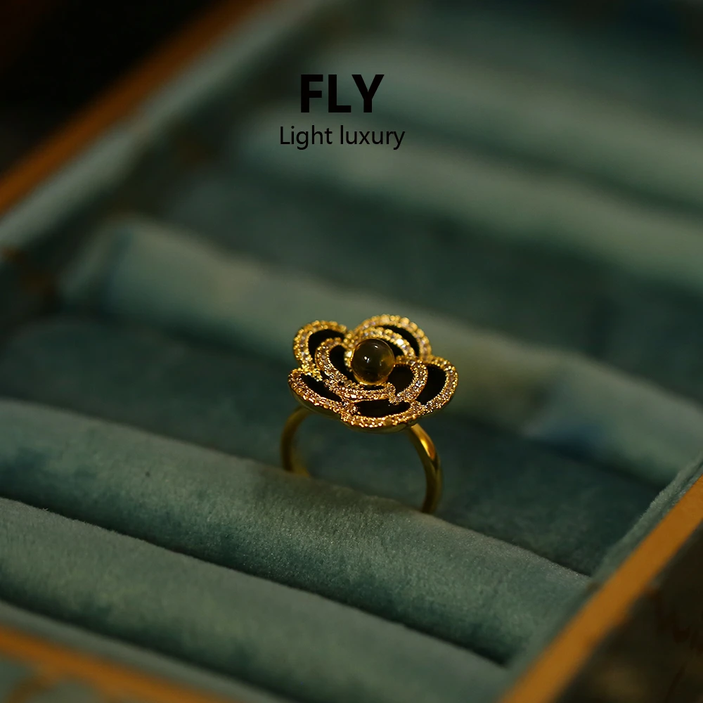 铜合金合成锆石戒指 英国设计师原创小香风山茶花微镶戒指-9843