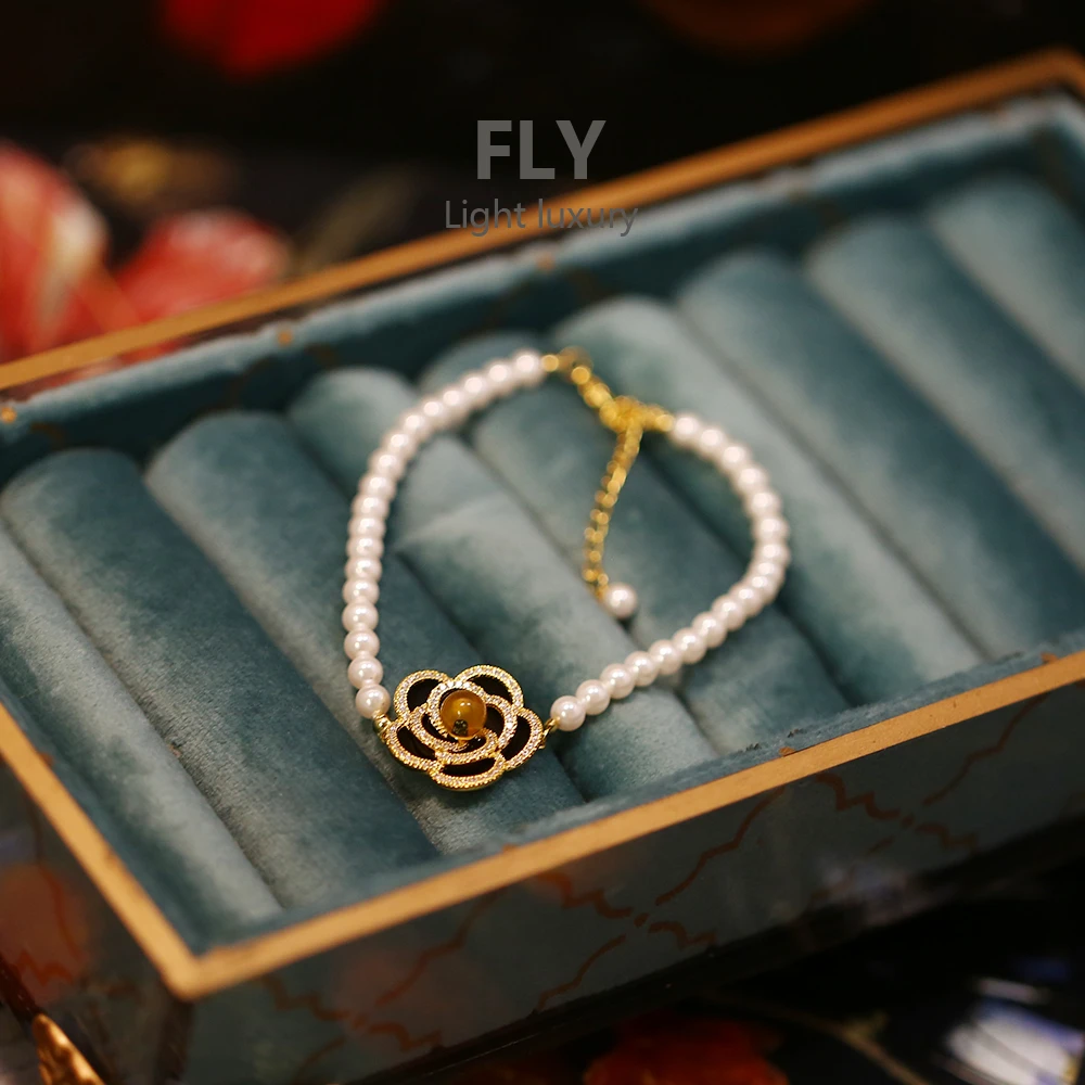 铜合金合成锆石手链 设计师高级感小香风山茶花微镶 手链-9927