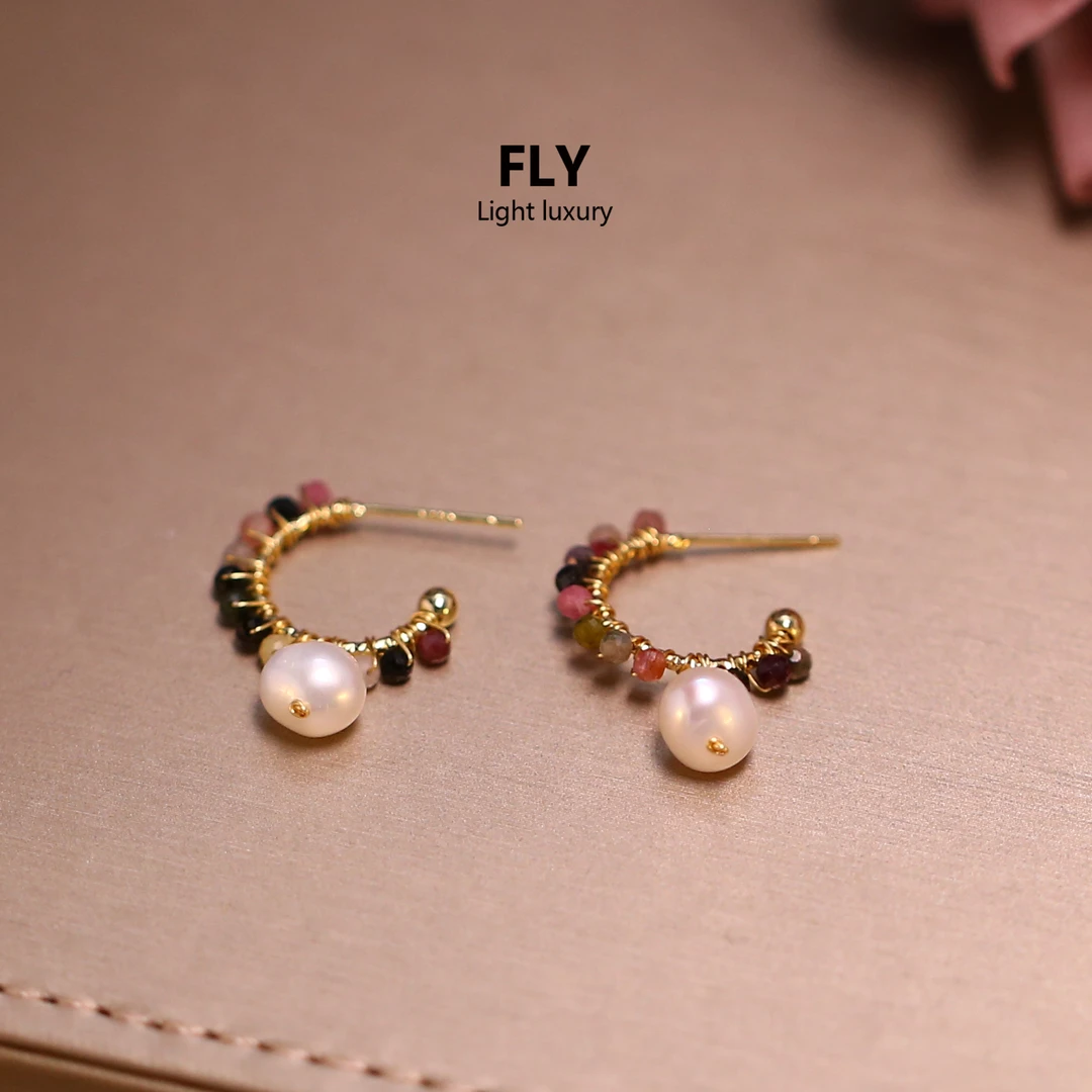 铜合金合成锆石耳饰 个性小众轻奢彩色手工C圈简约时尚耳环-9476