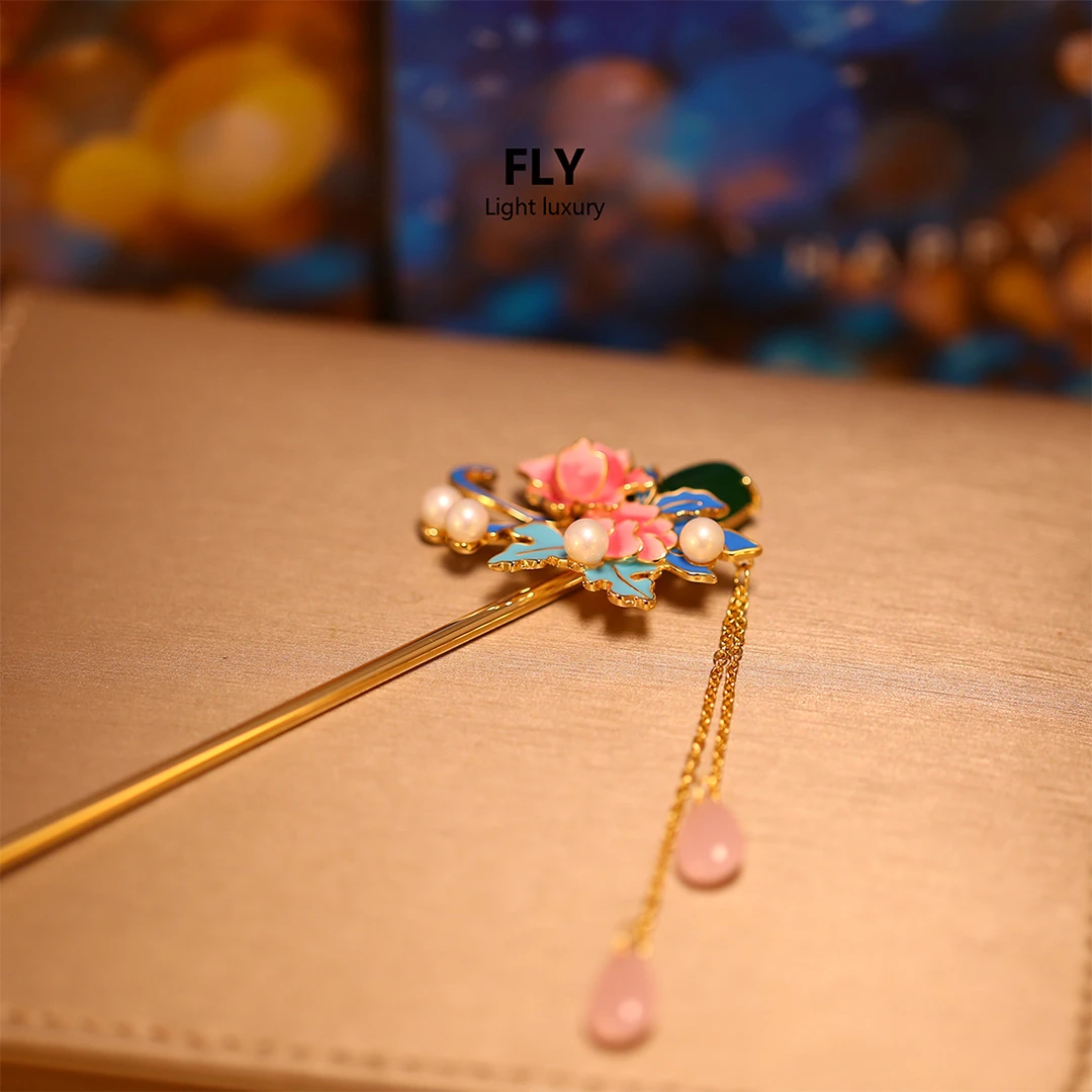 新中式中国风高级感珐琅粉色牡丹花流苏古装盘发发钗发簪-9640