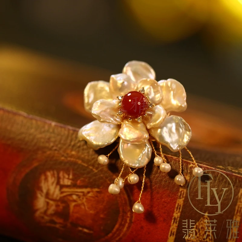 铜合金合成锆石胸针 翡莱雅 国风古典手工设计师花朵胸针-2140