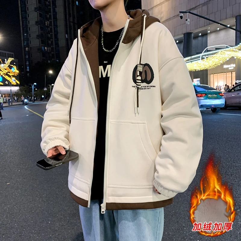 秋冬季青少年新款连帽加绒夹克休闲百搭保暖宽松初高中生外套