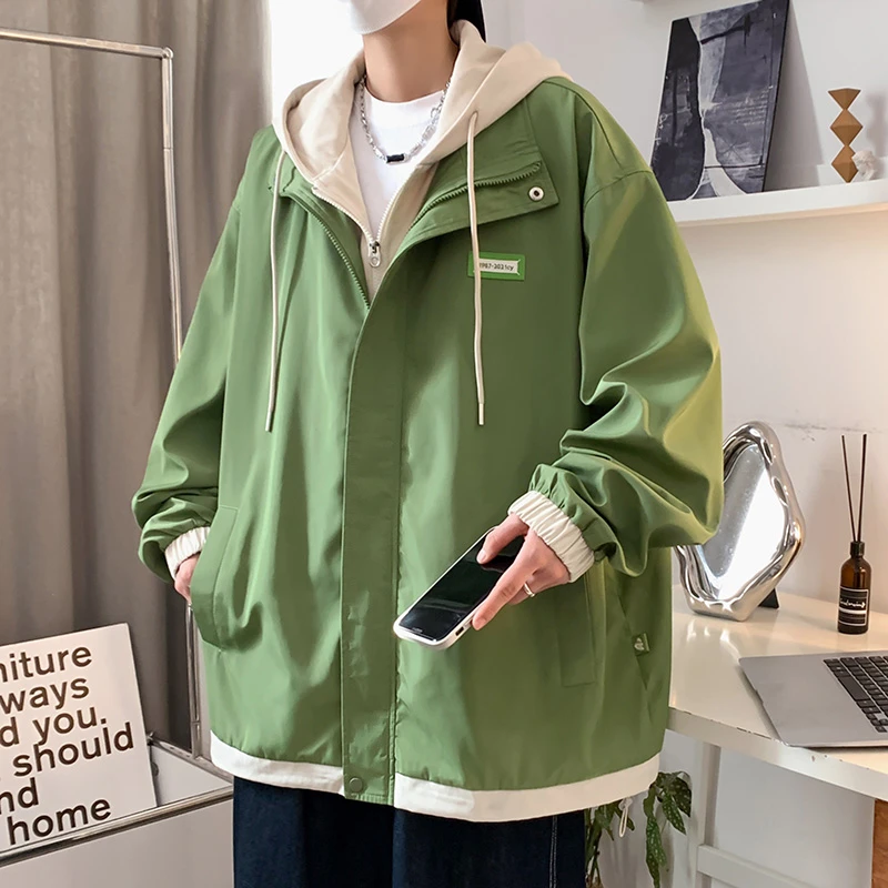 2023春秋新款男士假两件连帽夹克青少年学生宽松潮牌百搭休闲外套