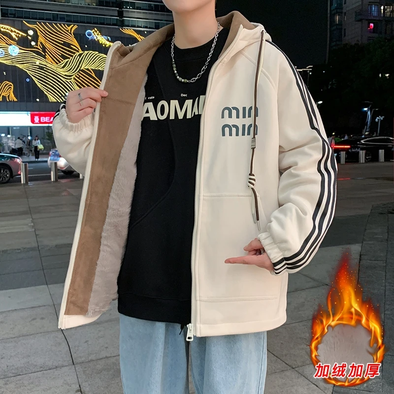 青少年秋冬新款百搭保暖宽松连帽加绒夹克男士休闲初高中生外套