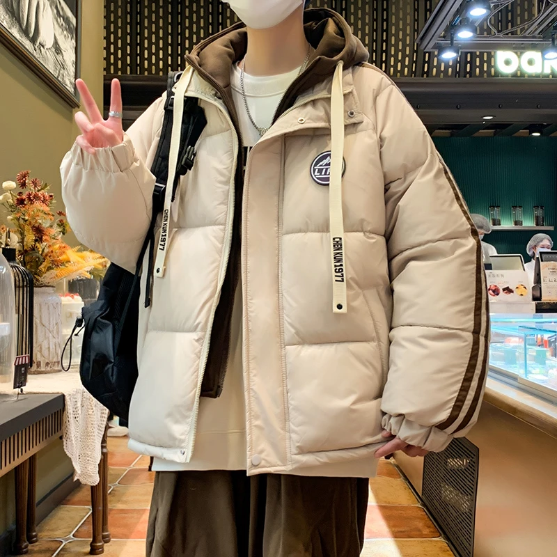 男生冬季保暖假两件连帽夹克棉衣服青少年学生潮流帅气外套棉服男