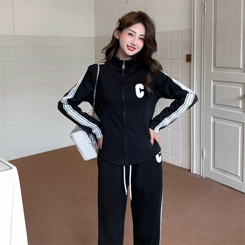 大码女装秋季新款梨形身材拼接条纹休闲宽松设计感长袖套装两件套