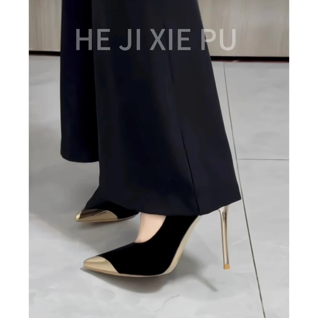 2025秋季御姐风小众细跟高跟鞋轻奢黑色绒面金属尖头设计高跟鞋女