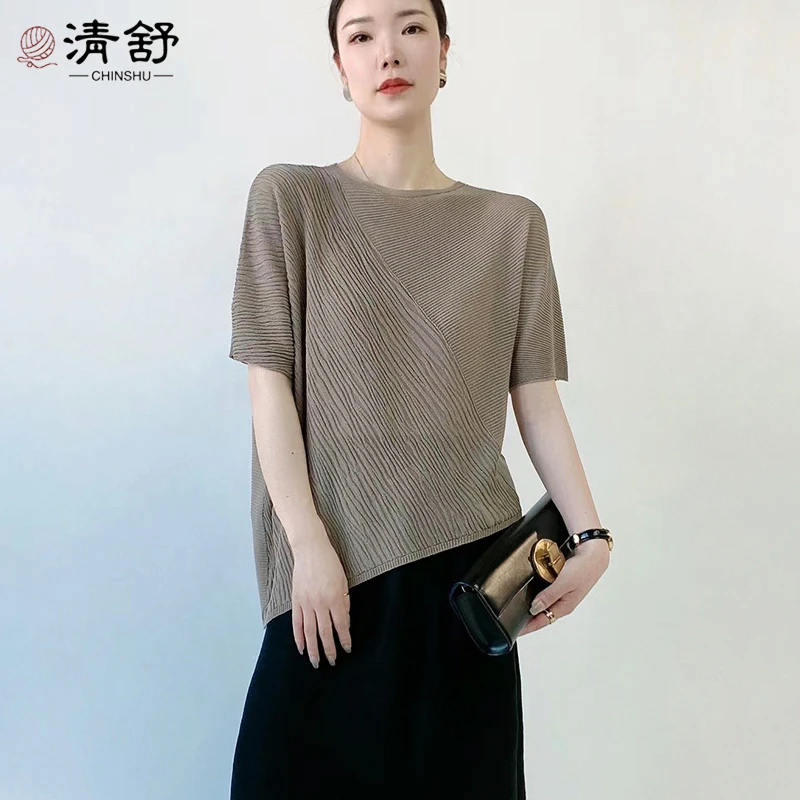 重工桑蚕丝针织衫夏季圆领显瘦上衣女装 空气层褶皱#10006