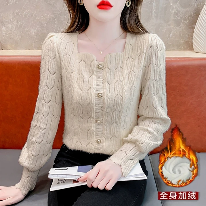 501#韩版加绒方领蕾丝打底衫女冬季冬新款洋气内搭小衫长袖上衣