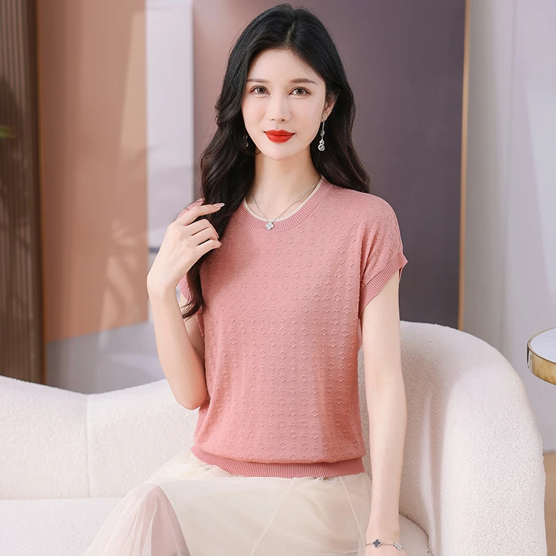 【天丝】圆领短袖针织T恤中年妈妈天丝薄款宽松上衣显瘦气质套头夏。