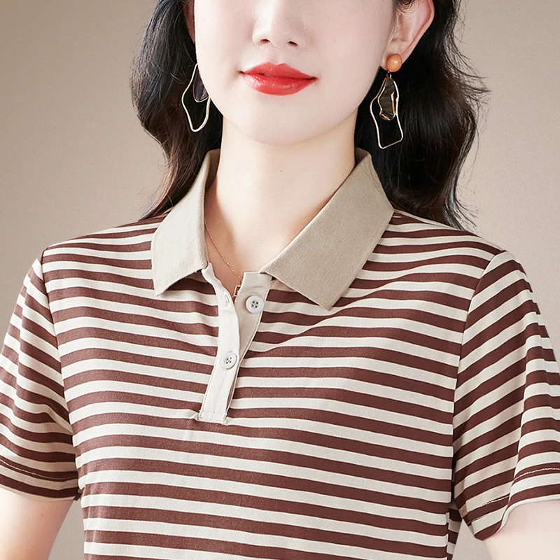 短袖t恤女士夏季2024新款妈妈夏装polo衫大码条纹运动百搭体恤女