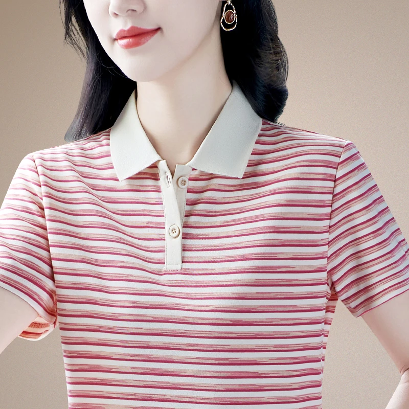 夏季短袖彩棉休闲t恤女上衣polo衫显瘦半袖妈妈装百搭翻领条纹衫