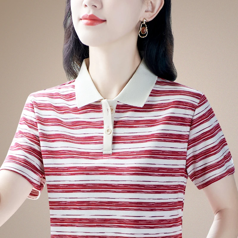 夏季短袖彩棉休闲t恤女运动polo衫大码显瘦妈妈装百搭翻领体恤衫
