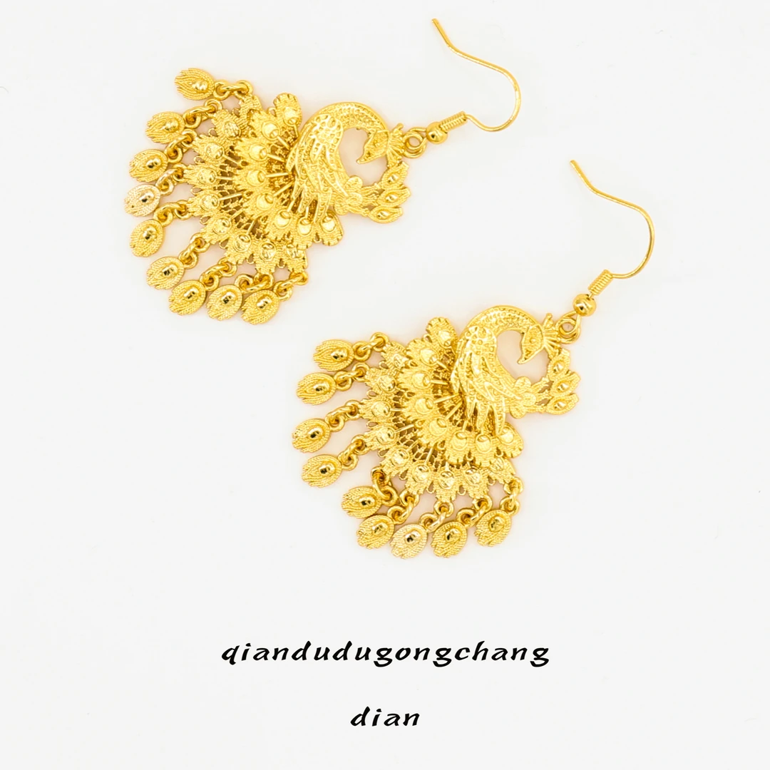 铜合金耳饰 民族风宫廷金色凤凰流苏耳环时尚百搭复古EH9008