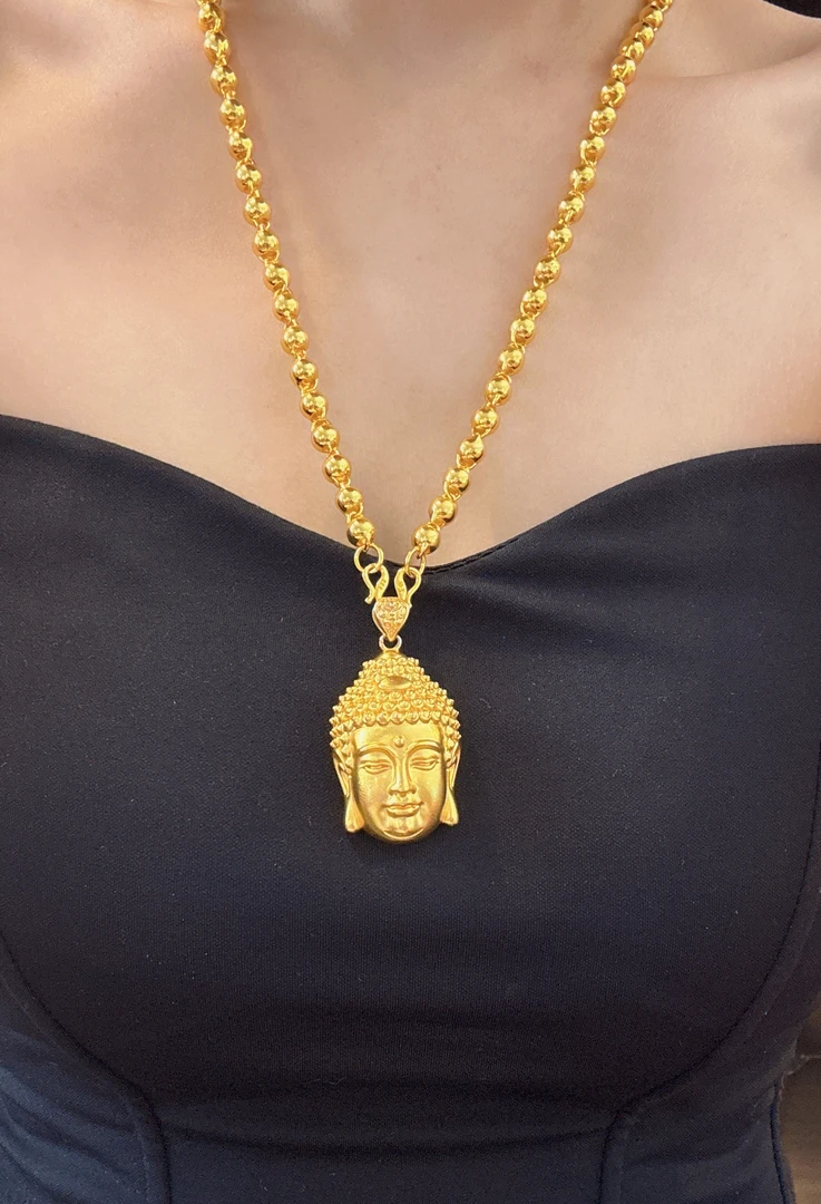 铜合金项链 卡六珠珠链配大号佛头吊坠项链轻奢气质