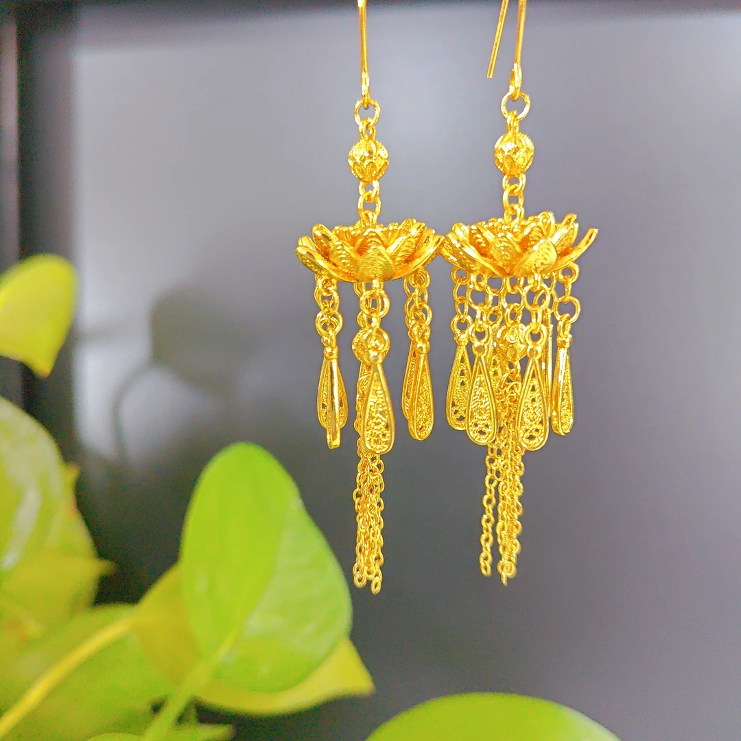 铜合金耳饰 立体莲花流苏耳坠耳饰