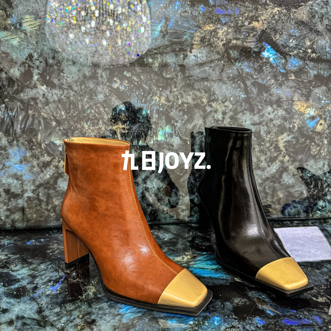 【跟高7cm】2024秋冬新款拼接方头单靴粗跟高跟短靴绒里简约时尚女