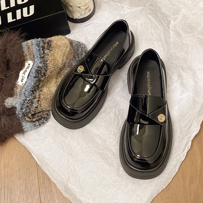 黑色小皮鞋女英伦2025年春季新款厚底一脚蹬乐福鞋制服增高单鞋女