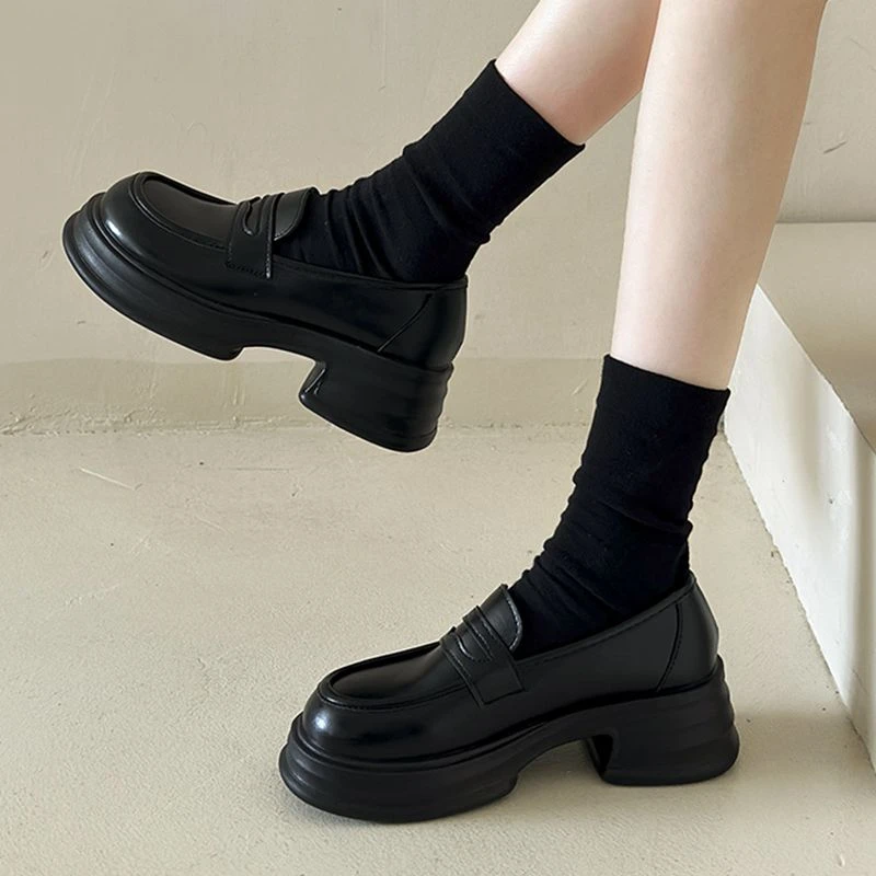 厚底小皮鞋女圆头2025年春秋新款百搭懒人软底乐福鞋黑色增高单鞋