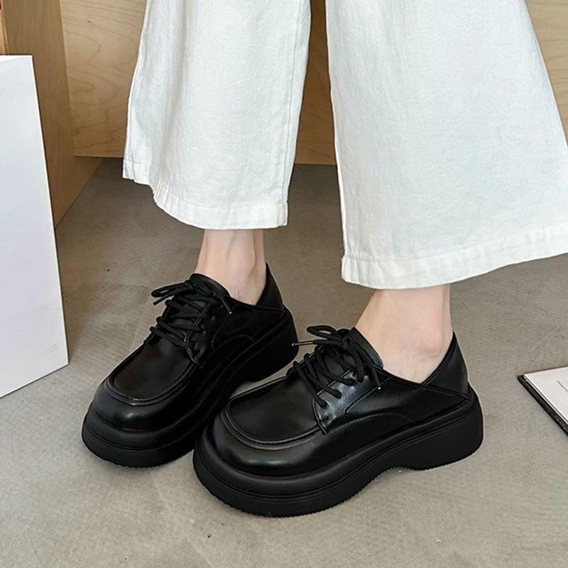 系带小皮鞋女英伦风2025年春秋新款黑色单鞋厚底百搭学院乐福鞋女