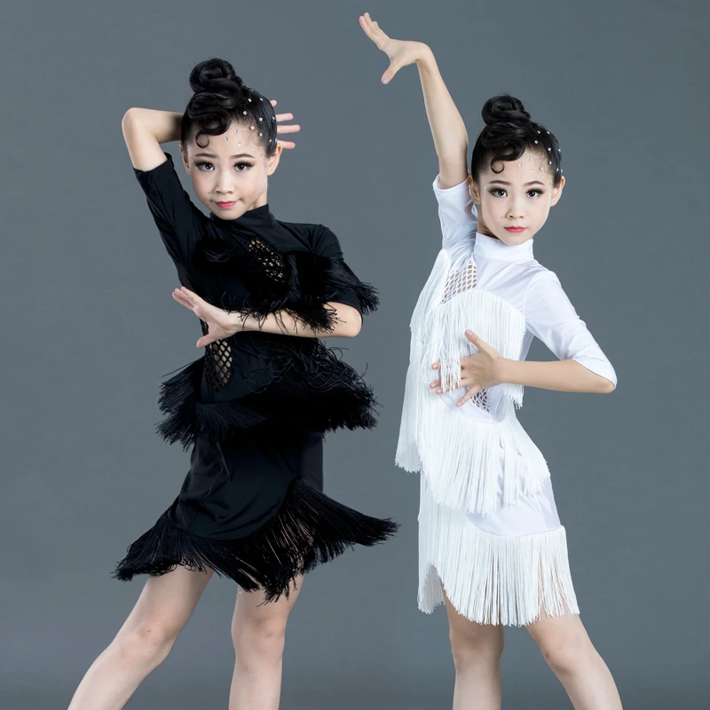 儿童拉丁舞服女童拉丁舞练功服黑色蕾丝花边考级比赛演出服秋冬款