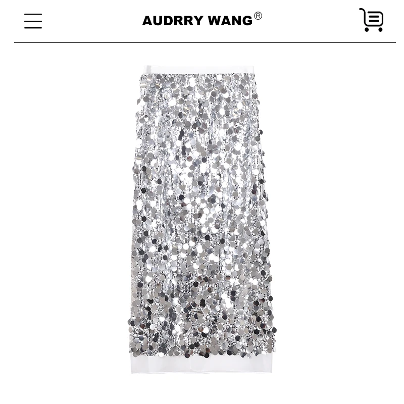 AUDREYWANG大小亮片重工气质名媛银色女士时尚拼接半身裙9968