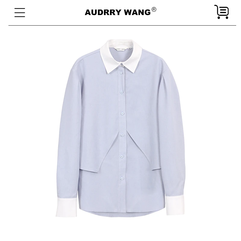 AUDREYWANG2024春季设计感蓝色假两件拼色衬衫10432