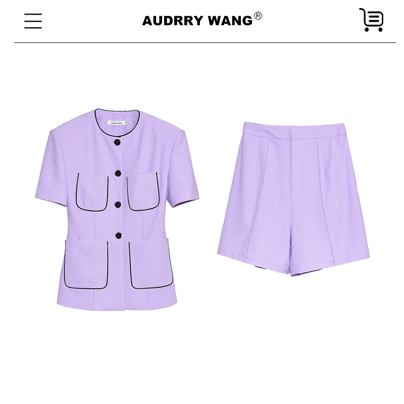 AUDREY WANG撞色无领短袖时尚夏季休闲小香风气质女士套装8405