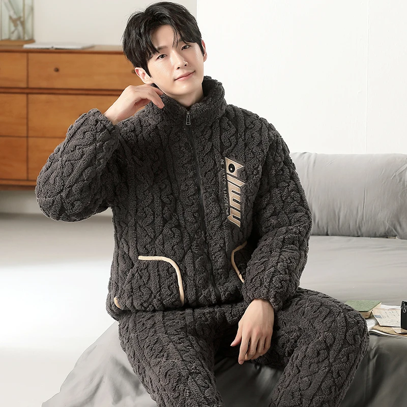 男士冬季三层加厚珊瑚绒夹棉睡衣法兰绒男加绒时尚保暖家居服套装