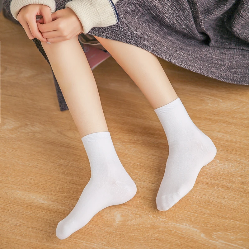 【2.1元5双装】袜子女中筒袜纯色棉袜女士袜子白色运动袜