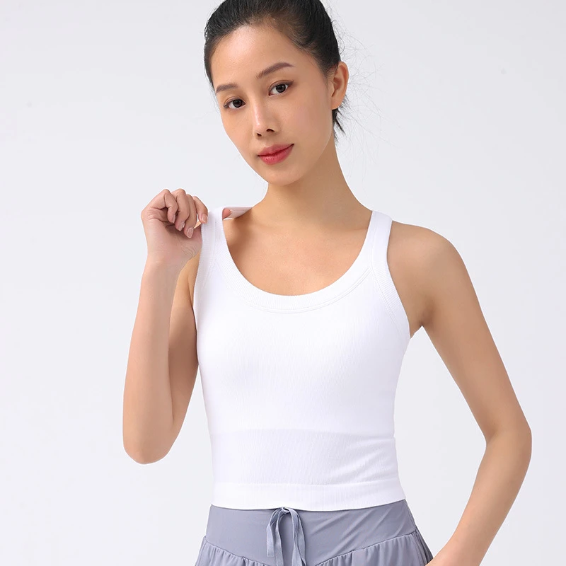 螺纹运动背心带胸垫女lu家减震美背瑜伽背心上衣半高领运动健身服