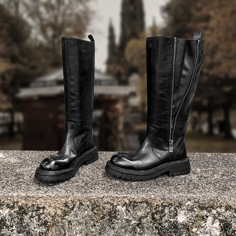 马皮圆头厚底长靴女新款显瘦粗跟大腿围侧拉链高筒靴女