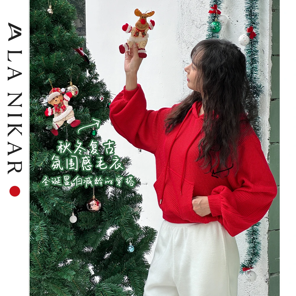 LaNikar秋冬款圣诞节红色连帽运动卫衣户外跑步休闲长袖上衣S1309