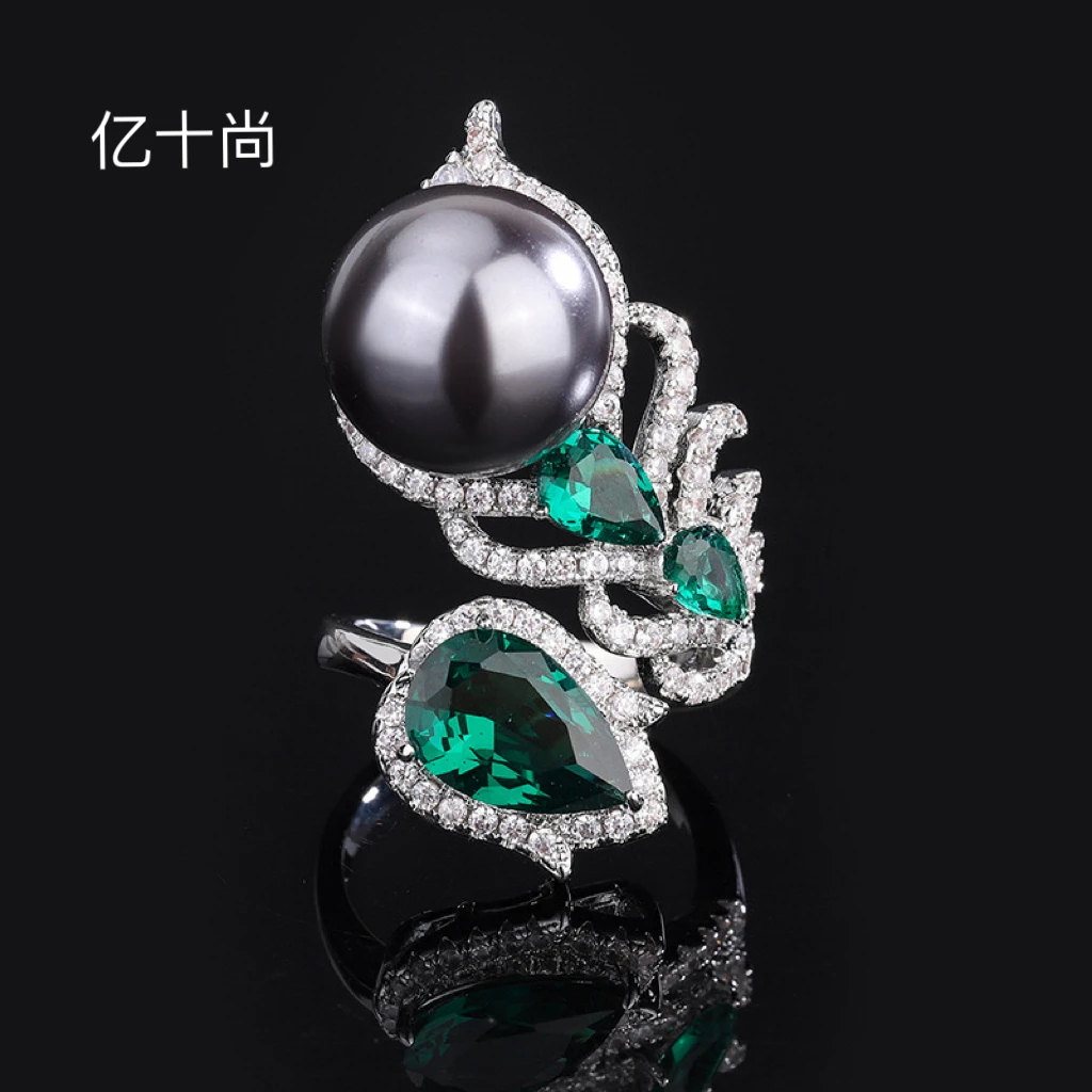 合金合成锆石戒指 祖绿黑珠戒指轻奢时尚大气高贵优雅HJ100162