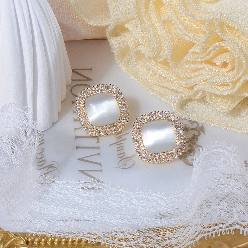 合金合成锆石耳饰 方形猫贝方形小香风耳钉耳环法式HJ100291