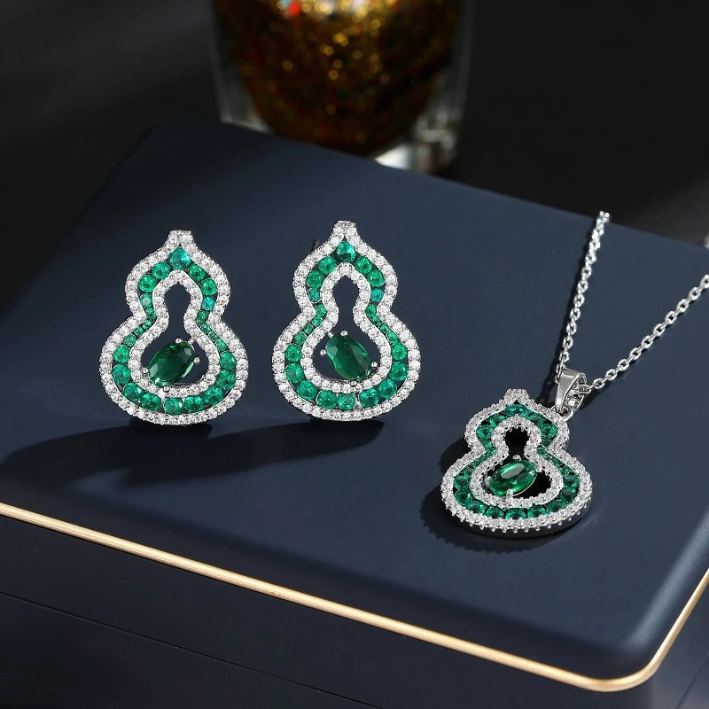 铜合金合成锆石项链 亿十尚葫芦白绿高档项链耳环轻奢时尚洋气美Y