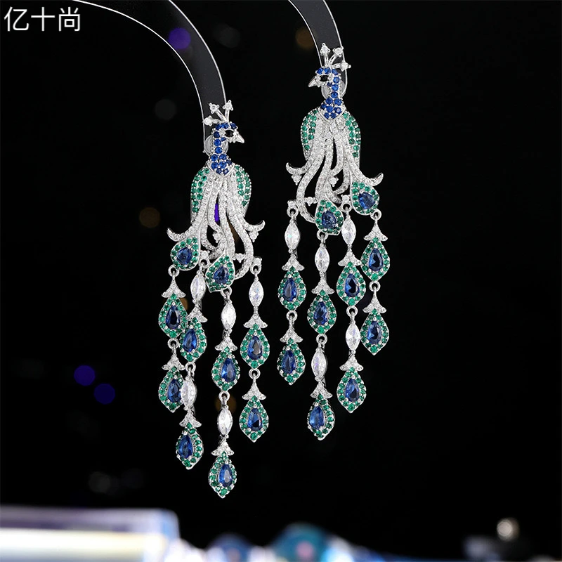 925银合成锆石耳饰 亿十尚孔雀翎羽流苏高档耳环轻奢时尚奢华洋气