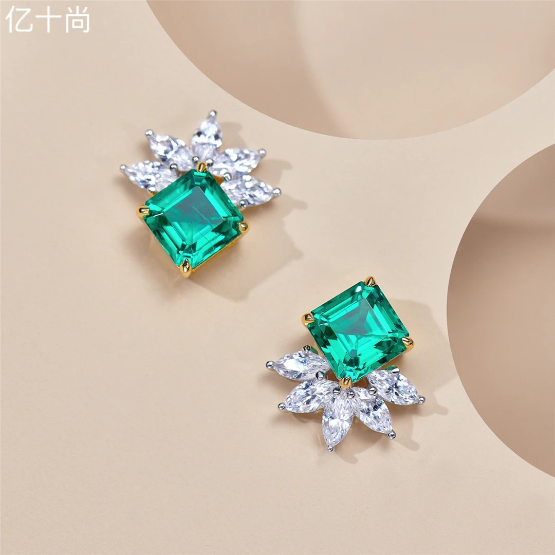 925银莫桑石耳饰 GRYSS 马眼花菱方祖绿高银耳钉不掉色时尚高贵