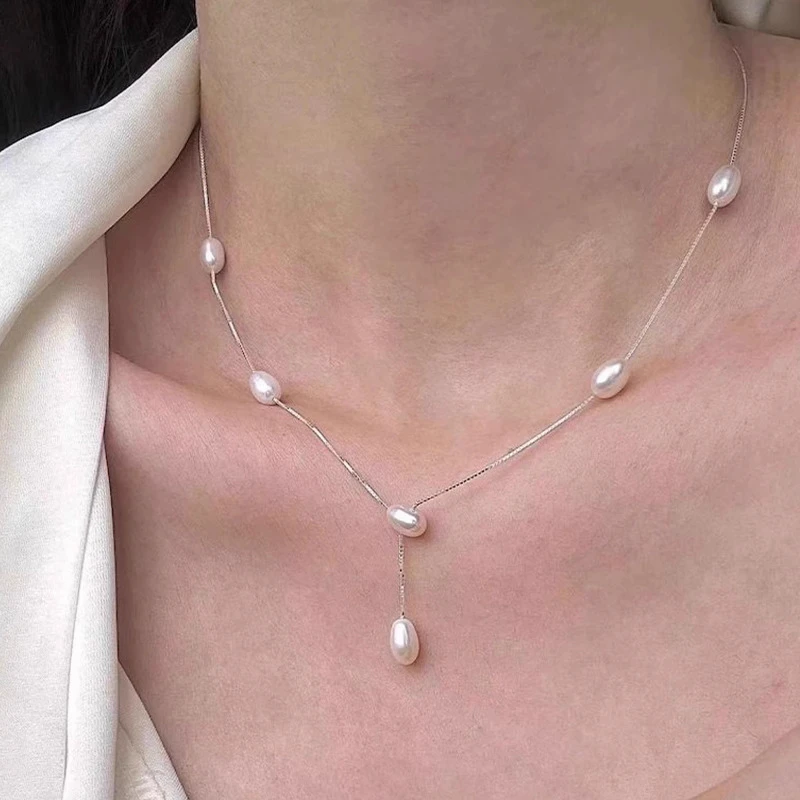 坠链均足银 亿十尚Y简约白珠高档项链耳环法式轻奢时尚气质洋气