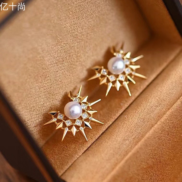 925银合成锆石耳饰 亿十尚罗马绽放淡白珠高档耳钉轻奢时尚洋气美