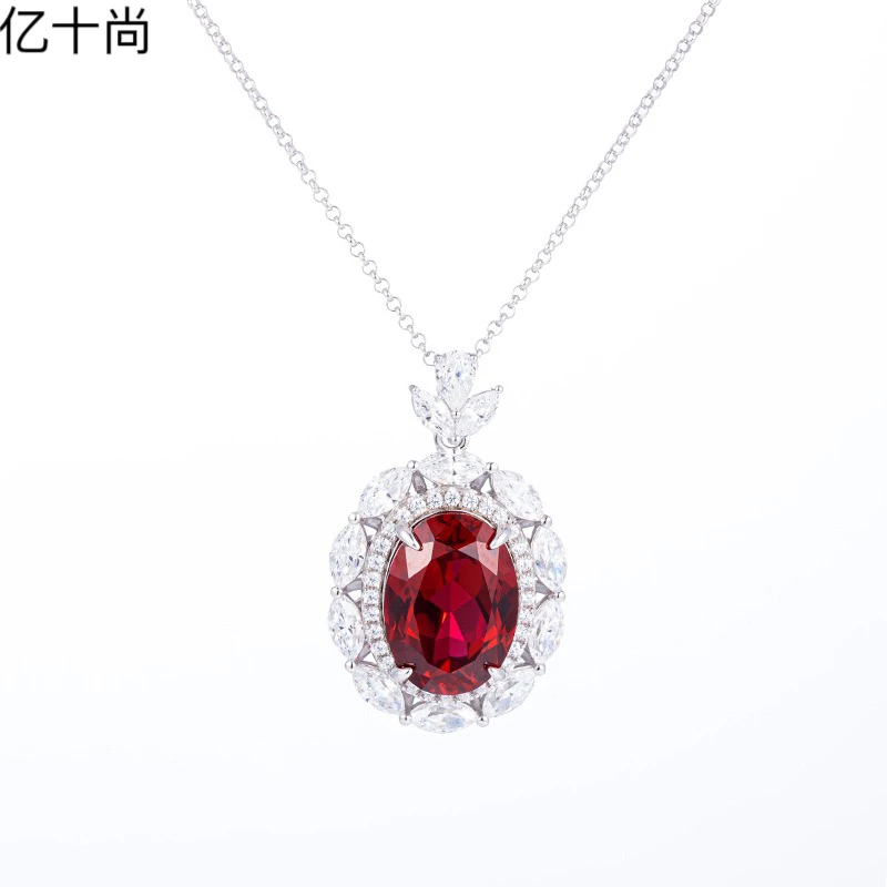 坠链均925银合成锆石 亿十尚三叶椭圆鸽红皇家蓝高档吊坠项链大气