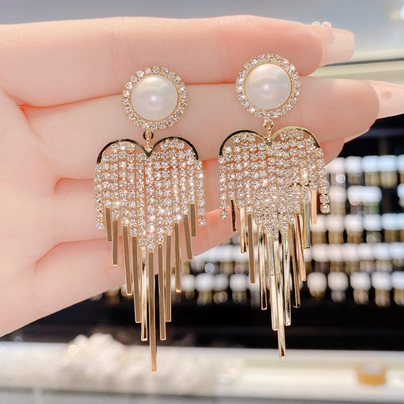 合金合成锆石耳饰 心形流苏高档耳环气质夸张轻奢时尚HJ100265