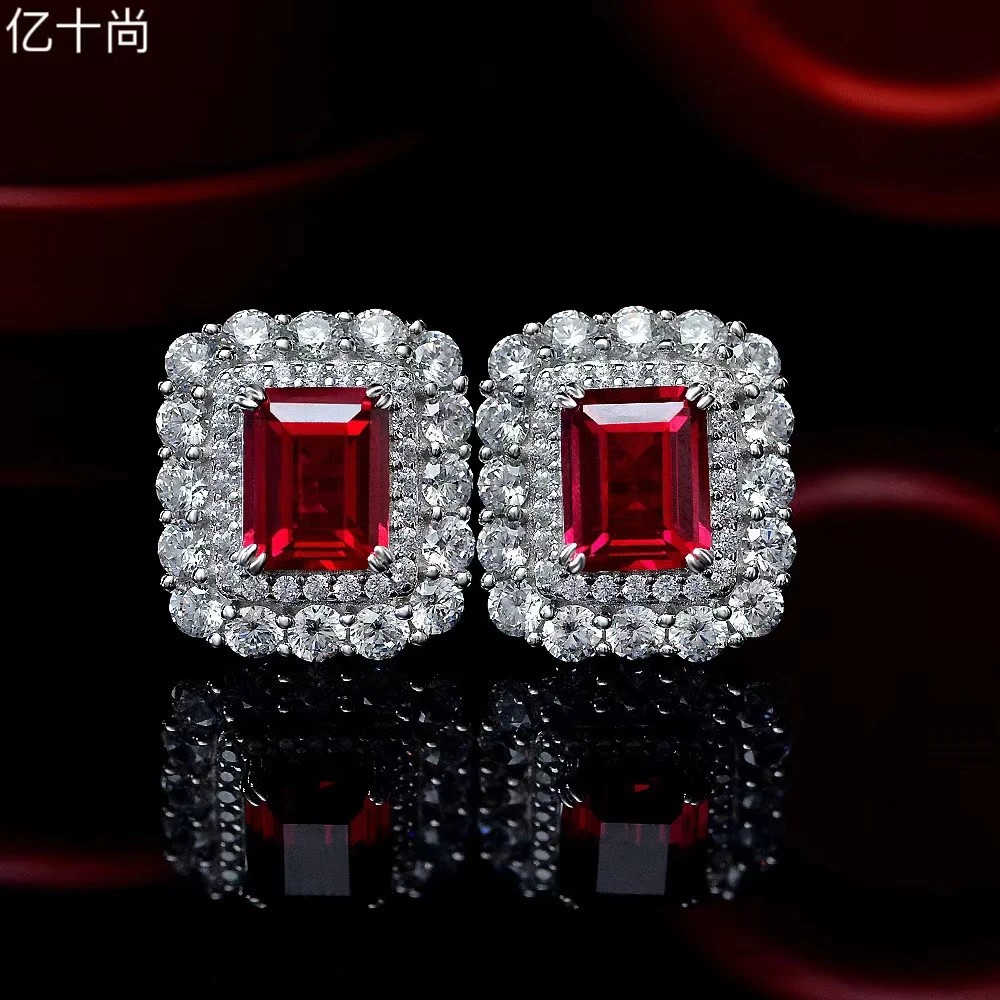 925银合成锆石耳饰 亿十尚双圆边长方鸽红富绿高档耳钉轻奢大气美