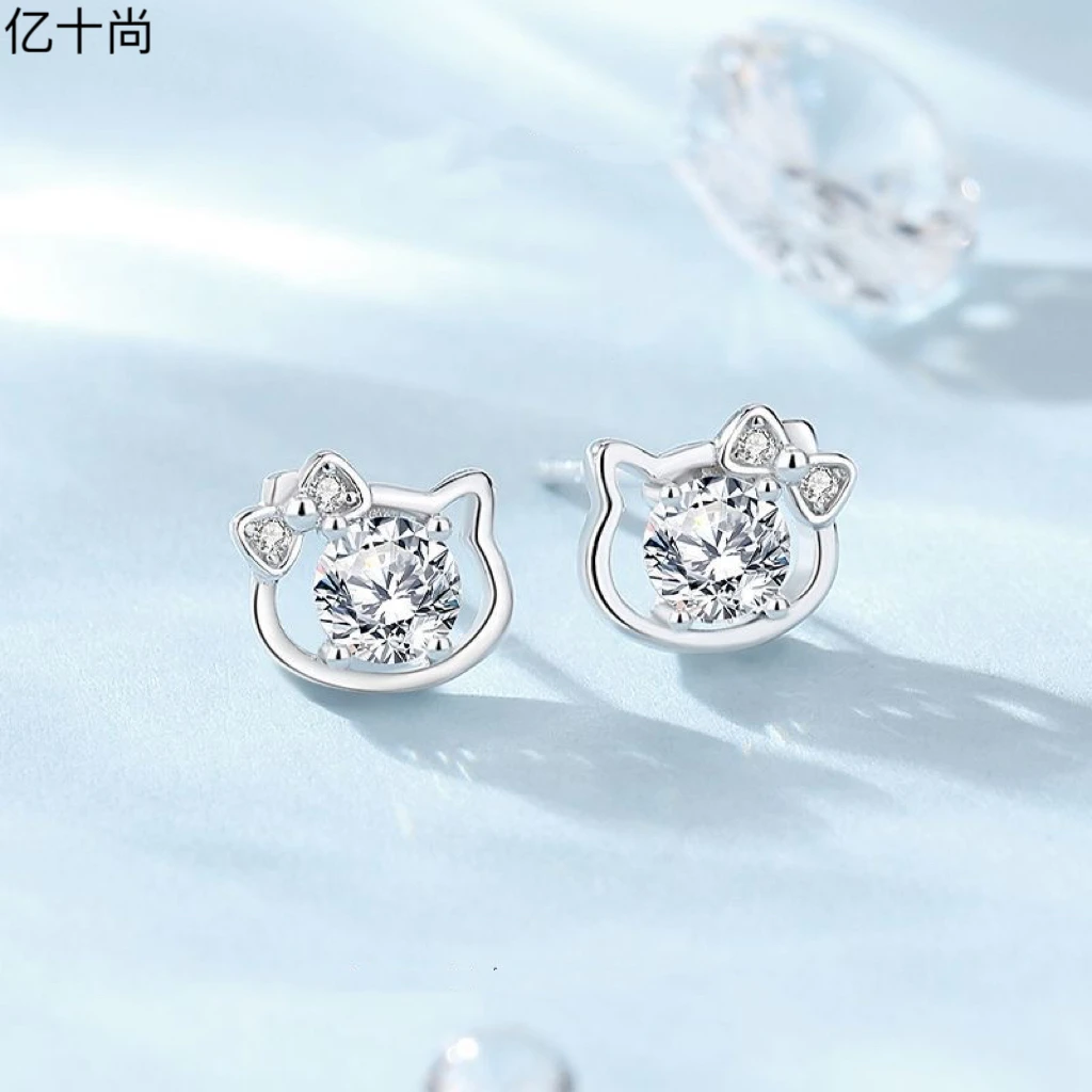 925银合成锆石耳饰 亿十尚蝴蝶结猫咪高档耳钉轻奢时尚洋气甜美潮