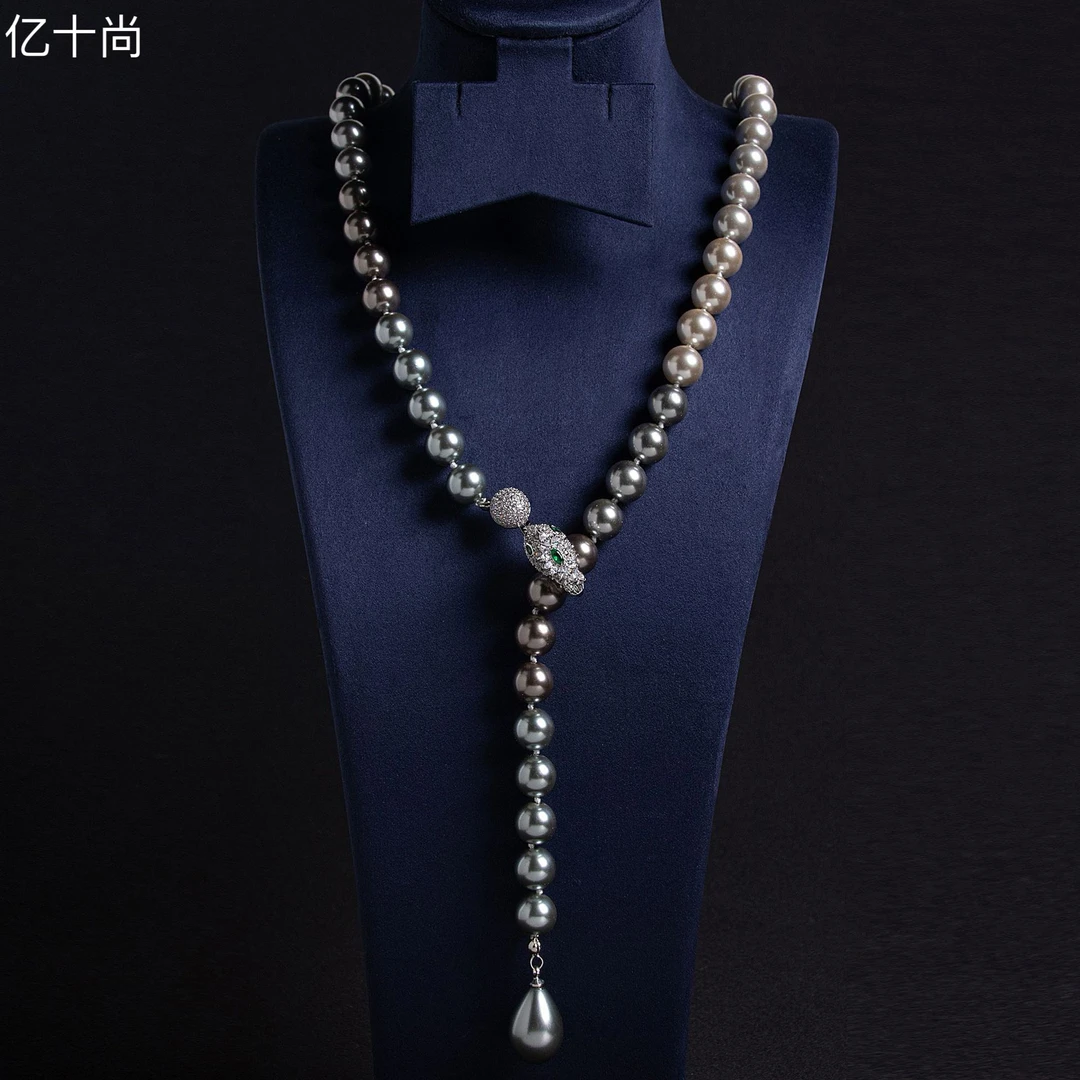 合金合成锆石项链 亿十尚皇冠灵蛇水滴珠高档项链毛衣链时尚洋气H