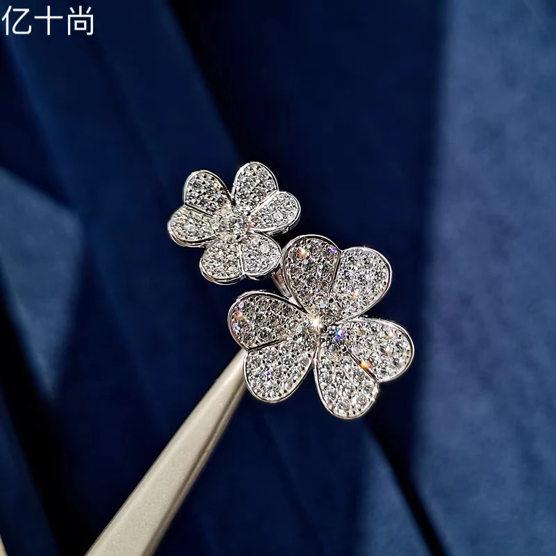 925银莫桑石戒指 G 双三叶花银戒指不掉色轻奢时尚仙美  SYCY528