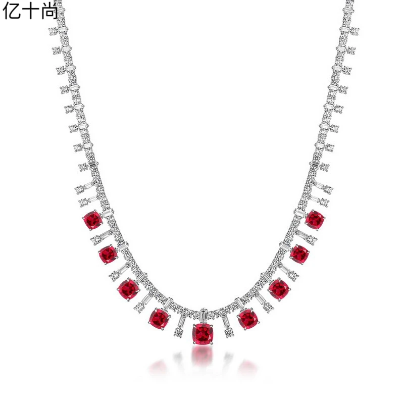 坠链均925银合成锆石 亿十尚间隔方鸽红富绿高档项链轻奢气质奢华